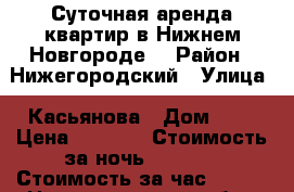 Суточная аренда квартир в Нижнем Новгороде. › Район ­ Нижегородский › Улица ­ Касьянова › Дом ­ 6 › Цена ­ 1 500 › Стоимость за ночь ­ 1 500 › Стоимость за час ­ 500 - Нижегородская обл., Нижний Новгород г. Недвижимость » Квартиры аренда посуточно   